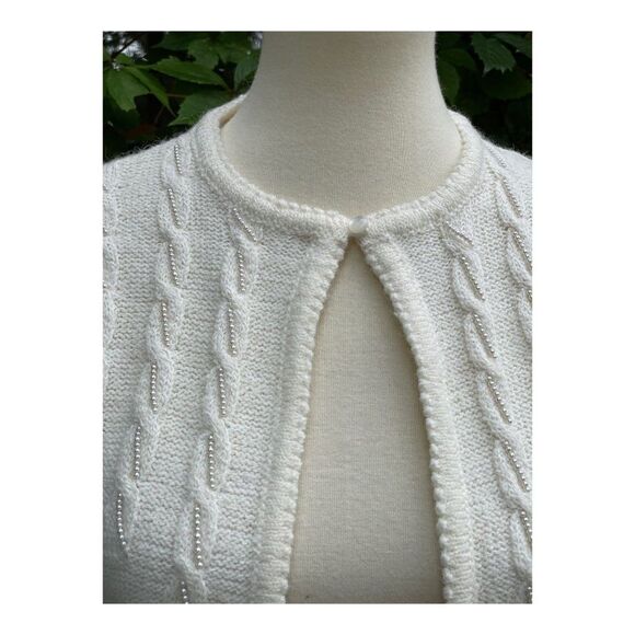 Vintage Cream Knit Cardigan Sweater Pearl Beads Sz S - Picture 2 of 11